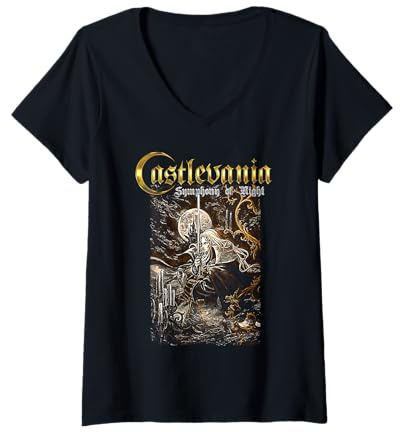 Womens Castlevania Symphony Box Art Gothic Moon Night Retro Gamer V-Neck T-Shirt