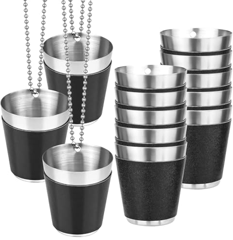 MEYAGOT 12 Stück Schnapsgläser Edelstahl, Schnapsglas, Schnapsbecher Mit Kette Shotgläser Wiederverwendbare Schnapsglaskette Zum Umhängen Für Hochzeitsfeiern Karneval Junggesellenabschiede(30ml)