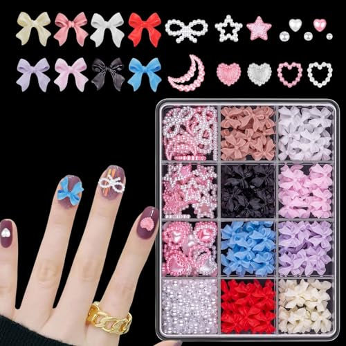 3D Bow Nail Charms, 500 Pcs Cute Bow Nail Art Charms Pink White Star Moon Heart Flat Nail Pearls Nail Rhinestones Gems Nail Art Decorations Accessories DIY Crafts (Multi-Colored)