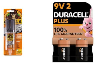Gorilla Epoxy 25ml & Duracell Plus 9V Batteries (Pack of 2) - Alkaline - 100% Life Guaranteed - Reliability For Everyday Devices - 0% Plastic Packaging - 5 Year Storage - 6LR61 MN1604