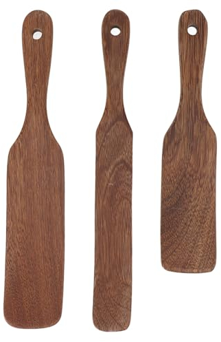 3 Pièces Spatules en Bois de Teck pour Cuisine, Spatule Tournante Antidérapante, Spatule Pelle Large, Idéales pour Steak, Pizza, Poisson, Œufs, Crêpes, Utensiles Cuisine Durables