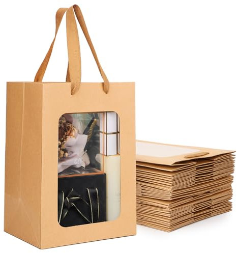 EUSOAR Sacchetti Carta Kraft - 20 Pezzi Buste Carta con Manico - 210GSM Busta Regalo con Finestra - 20x16x30cm Sacchetto per Regali - Sacchetti Carta Regalo Marrone Kraft Shopper Carta