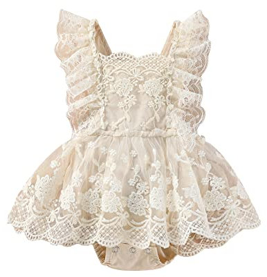 Qianderer Baby Girl Lace Romper Ruffle Tutu Dress Boho Clothes Backless Jumpsuit Ruffle Bodysuit One Piece Newborn Photography Outfits (Khaki, 3-6 Months)