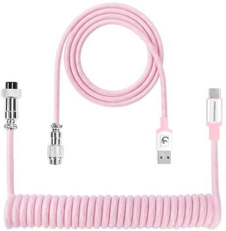 ATTACK SHARK C01 PRO Coiled Keyboard Cable, Custom Coiled USB C Cable for Mechanical Gaming Keyboard,Type-C to USB-A Metal Aviator Cable,Double-Sleeved Braided Charging Keyboard Cable for Mac,PC-Pink