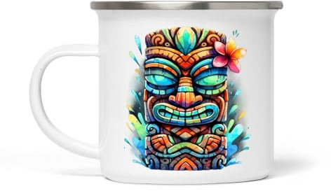 Vintage Tiki Weiße Emaille Tasse - 354 ml, langlebig und elegant, Ideal für Kaffee, Tee und heiße Getränke