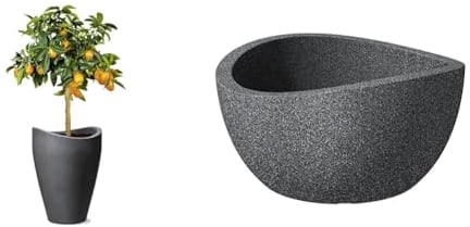 Scheurich Wave Globe High, Hochgefäß aus Kunststoff & Wave Globe Bowl, runde Pflanzschale aus Kunststoff, Schwarz-Granit, 40 cm Durchmesser, 21 cm hoch, 12 l Vol.