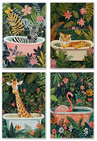 GCFET Funny Hand Towels - Decorative Set of 4, Tiger Giraffe Zebra Flamingo in Bathtub, Tropical Jungle Decor, Kids Bathroom, 16x24 Inch