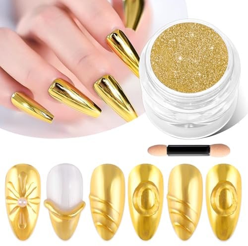 BISHENGYF Gold Chrome Nail Powder - Metallic Holo Nail Chrome Powder, 1G Chrome Powders for Nails Glitter, Shiny Gold Nail Powder Mirror Effect for Pigment Nail Art DIY Design Decoration, Women Gift