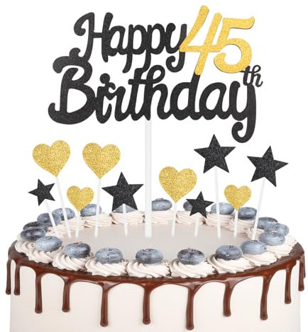 Gold Black 45th Birthday Cake Topper, Shining Happy Birthday Cake Cupcake Toppers,Women Men 45th Birthday Decorations, Black Gold Cake Toppers for Women Men Girls Boys Birthday Party Decorations
