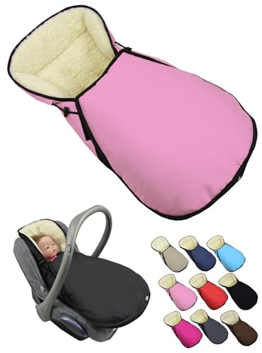 BambiniWelt Winterfußsack für Babyschale – kompatibel mit Maxi Cosi Gruppe 0+ – aus Lammwolle, verstellbar & waschbar – Fußsack für Kinderautositz mit 3-Punkt-Gurtsystem, Farbe: rosa
