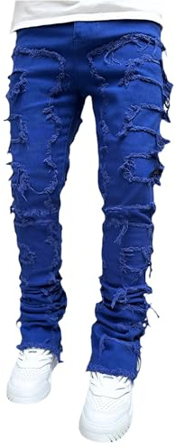 SANSIWU Jeans for Men Stretch Fit Skinny Stacked Ripped Destroyed Jeans Fit Y2K Stacked Patch Jeans Hip Hop Streetwear Straight Trousers