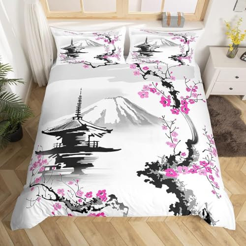 Loussiesd Japon Mont Fuji Ensemble de Literie Rose Cerisier Fleur Belle Tour Parure de Lit Garçon Fille Style Japonais Exotique Sakura Couleur Housse de Couette 200x200cm