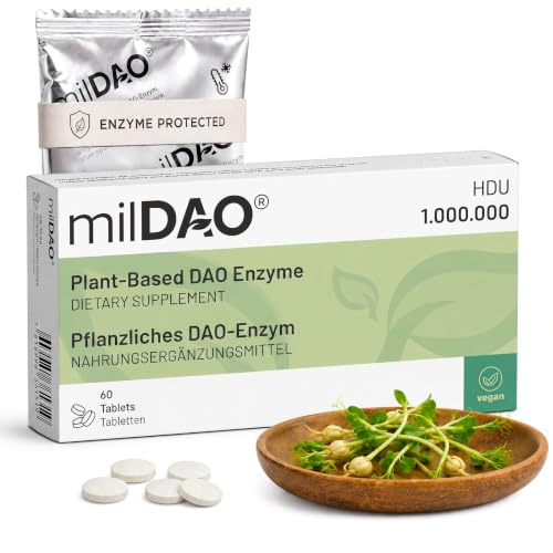 milDAO® Vegan DAO Enzym 1.000.000 HDU pro Tablette – 60 Tabletten | 100% pflanzlich, mit Katalase, magensaftresistent, ENZYME PROTECTED™, Halal-zertifiziert, aus Erbsensprossen