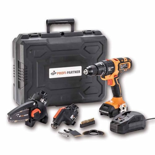 PROFI-PARTNER 18V Multifunktionswerkzeug-Set, 4-in-1, mit 3 Aufsätzen | Akku-Bohrschrauber, Multitool, Mini-Kettensäge, Schnellwechsel-System, Zubehör und Koffer