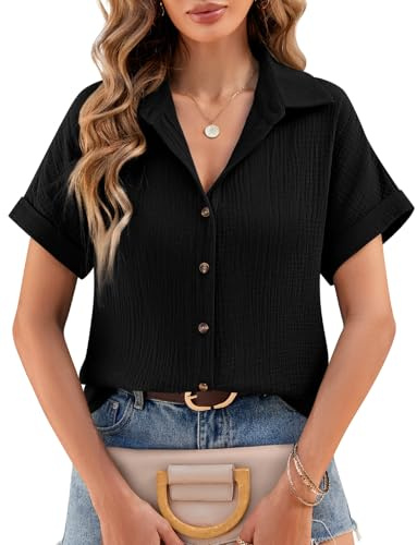 heekpek Women's Blouses Shirts Ladies Summer Top Short Sleeve Cotton Button Down Shirts V Neck Loose Fit Casual Tee Shirts, Black, XL