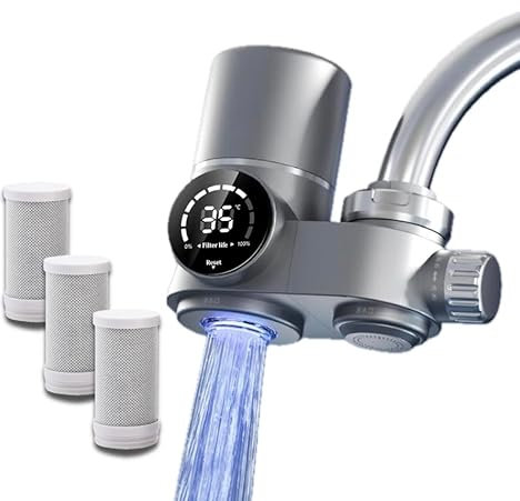 SHOP HAPPY Filtre à eau pour robinet de cuisine, système de filtration d’eau en acier inoxydable, purificateur d’eau. Réduit le chlore et le mauvais goût. Montage facile sans outils avec 3 cartouches