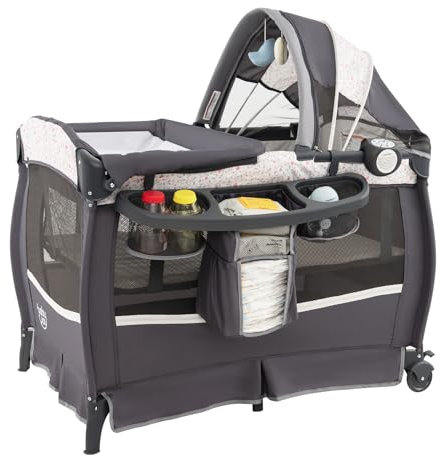 GOPLUS Lit Parapluie Bébé Pliable avec Matelas, Berceau Bébé Evolutif avec Table à Langer, Boîte à Musique et Roues Verrouillables, Lit de Voyage avec Sac de Transport pour 0-3 Ans (Gris-Rose)