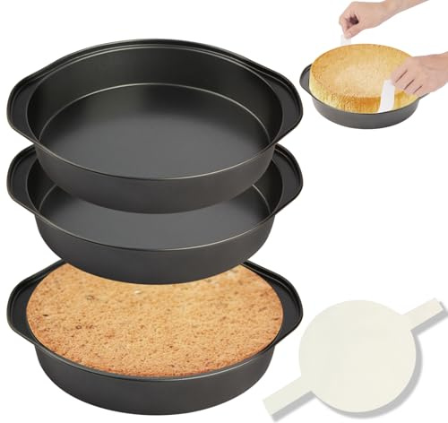 tutikuki 8 Round Cake Pan, 3PCS Nonstick Cake Pans with 100 PCS Parchment Paper, Carbon Steel Cake Baking Pans with Handle, Dishwasher Safe