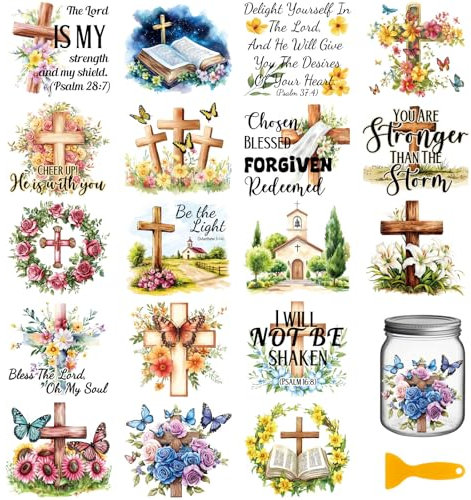 GLOBLELAND 18 Sheets Bible Verse Transfer Stickers 3.9x3.6inch Bible Book Decals Stickers Cross and Flowers Rub on Transfer for Furniture Vase Glass Mason Jar Decorations Art Crafts