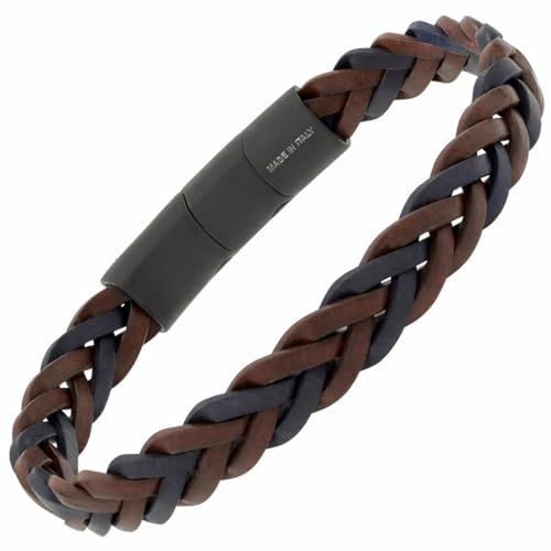 Herrenarmband aus umweltfreundlichem, regeneriertem Leder in Braun und Blau, Breite 10 mm, Verschluss aus schwarzem PVD-Edelstahl, größenverstellbar, Geschenkbox enthalten, Made in Italy (Braun-Blau)