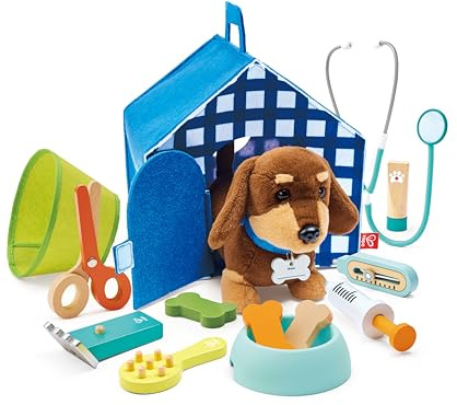 Hape Tierarzt-Set, Interaktiver Hund mit tragbarer Hundehütte, viel Zubehör, ab 3 Jahren