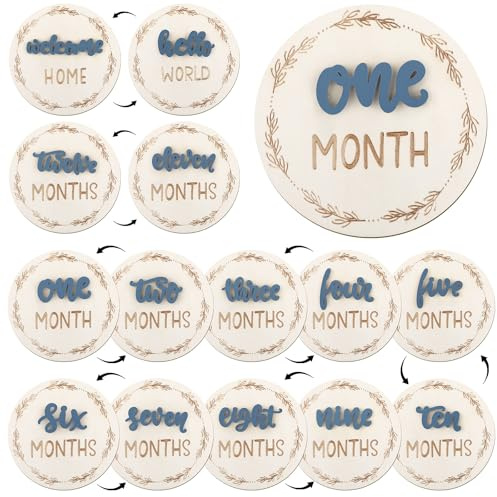 Baby Monthly Milestone Cards, Wooden 3D Baby Milestone Signs, Double Sided Blue Monthly Baby Milestone for Newborn Boy Girl 1-12 Months Photos