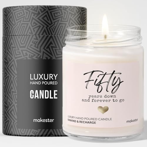 50th Wedding Anniversary Candle Gift - Luxury Soy Wax - Vanilla, Jasmine, Sugared Almond - Makester