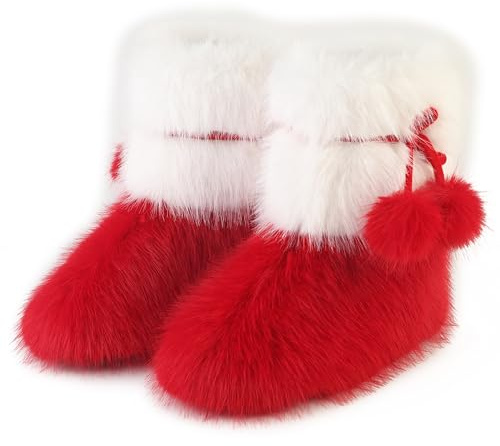 HIPRETTYUS Women's Faux Fur Christmas Boot, Round Toe Suede Comfy Fuzzy Shoes, Warm Winter Comfy Plush Short Flat Mid-Calf Furry Fluffy Boots