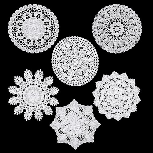 6 Stück Spitzendeckchen, Rund Deckchen Vintage Häkelpüppchen Handgefertigt Gestickte Tischläufer Weiße Spitze Platzdeckchen Häkeldeckchen Tischdeckchen für Küche Esszimmer Party Kommoden Dekor,15 cm