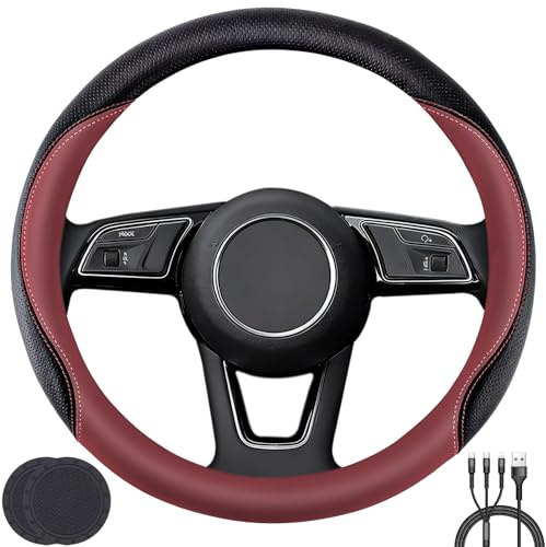 Car Steering Wheel Cover, Non-Slip Soft Leather Protector | for Steering Wheel with a Diameter of 14.5-15 with 2 Coasters and USB Charging Cable (Red)