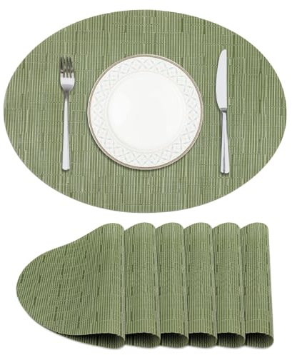 Privalace Grün Oval Platzsets Abwaschbar 6er Set,Tischsets PVC Geflochten,rutschfest Hitzebeständig Platzdeckchen für Küche Esszimmer