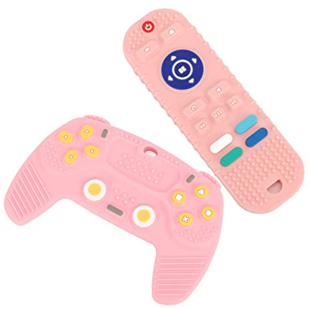Fdit 2 Pack Silicone Baby Teething Toys, TV Remote Control Shape Educational Chew Sensory Teethers with Bumpy Texture, Food Grade Gum Massager for Infants 6+ Months (Pink)