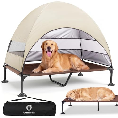 Elevated Dog Bed with UV-Proof Canopy, Raised Outdoor Dog Tent with Powerful Anti-Slip Feet, Portable Pet Cot with Wider Shade, Raised Cooling Bed for Camping, Backyard, Beach (Khaki, XL)