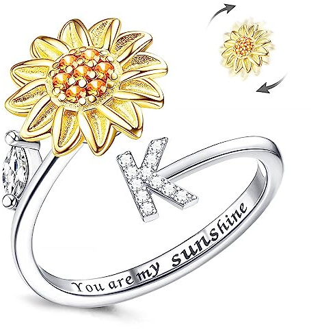 LucBuy Zappelringe für Damen, Silberner Buchstaben Sonnenblumen Spinner Fingerring, Verstellbare Größe Stapelbar Stressabbau Anti-Angst Ring, Innenseite mit ‘You Are My Sunshine’ Graviert Schmuck