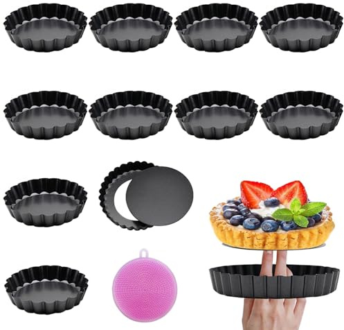 LIULINY 12 Pcs Moule a Tarte à Fond Amovible Moule Tartelette 8cm/3 Pouces | Revêtement Antiadhésif Plat a Tarte Acier au Carbone, pour Gateau, Tartes et Quiches, Plat à Quiche Acier au Carbone