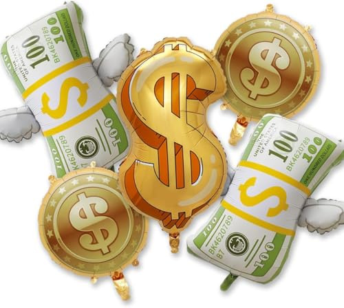 Falschgeld Luftballon Set, 5 Stück Fake Money Folienballon | Casino Deko Luftballon, Las Vegas Deko Helium Ballon, Falschgeld Folienballon für Geburtstag, Casino Motto Party