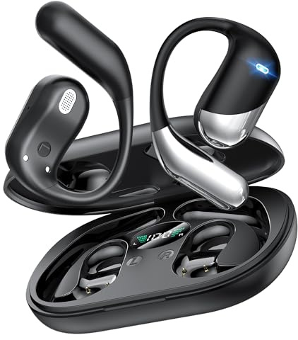 Paekole Offene Ohr Kabellose Ohrhörer, Sport Bluetooth Kopfhörer mit Echtzeitübersetzung, 80 Stunden Akkulaufzeit mit LED-Akkuanzeige, Geräuschunterdrückung,Klare Sprachübersetzung mit Ladecase für