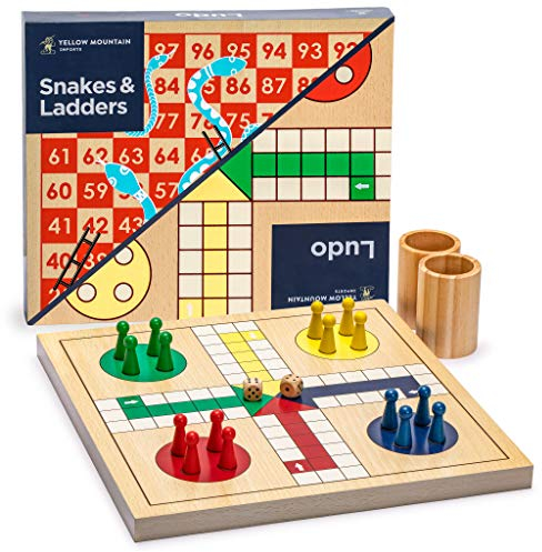 Yellow Mountain Imports 2-in-1 Reversible Wooden Snakes Age 6+ and Ladders, Ludo Game Set - 29 centimeters