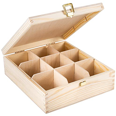 Creative Deco Unpainted Wooden Tea Box Storage with Lid | 9 Compartments | 23.5x20.5x7.5cm | Natural Wood | Luxury Compartment Organiser Keepsake Caddy Chest for Chocolate Coffee | Gift Box