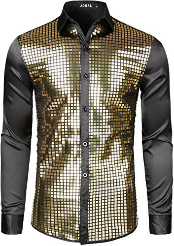 JOGAL Mens Dress Shirt Silver Sequins Long Sleeve Button Down 70s Disco Shirt Party Costume Small Gold