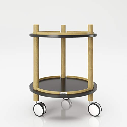 PLAYBOY Beistelltisch auf Rollen mit 2 Ablagen, schwarz/holz, Servierwagen, Blumentisch, im modernen Design, schwarz matt mit Gestell aus umweltfreundlichem Bambus, einfach zu verschieben, Badregal, 40 x 50 x 40 cm