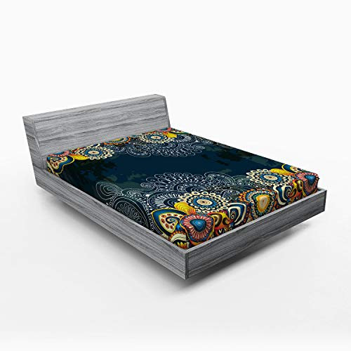 ABAKUHAUS Psychedelisch Spannbetttuch, Mandala Paisley, Soft Dekorativer Stoff Bettwäsche Rund-um Elastischer Gummizug, 140 x 200 cm, Blau Gelb