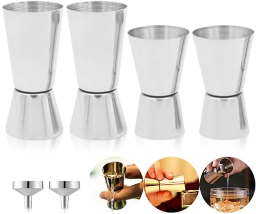 Jicyor Cocktail Jigger Vaso medidor, 4 Acero Inoxidable Plata Práctica Profesional Taza Medición Doble Cabeza + 2 Mini Embudos de Metal Pequeños para Barman Drink Mixer Cócteles Rellenar Botellas