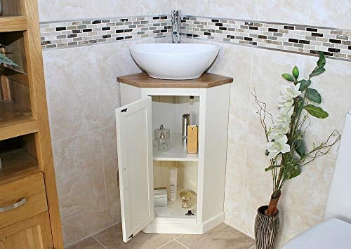 Cloakroom Corner Bathroom Vanity | White Unit Oak Top Ceramic Basin (Bowl C)