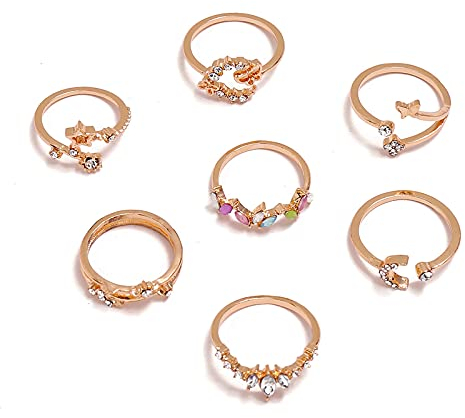 Yienate Boho-Knöchel-Edelstein-Ring-Set Mond Stern Schmetterling Gold Kristall Stapelbar einzigartig offenes Band Strass Gelenkringe Zeigefingerringe für Frauen und Teenager Mädchen (7 Stück)