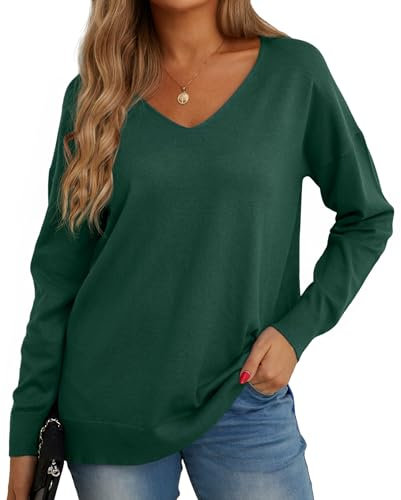 GRECERELLE Women's Casual Jumpers Sweatshirt Ladies Classic Plain Pullover Knit V Neck Long Sleeve Jumper Tops Blouse T-Shirt for Winter Fall Spring (16 Dark Green, XL)