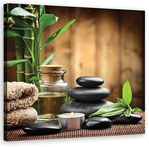 Feeby Tableau toile Pierres Zen Spa 30x30 cm Image Photo Bambou Nature morte Huile vert