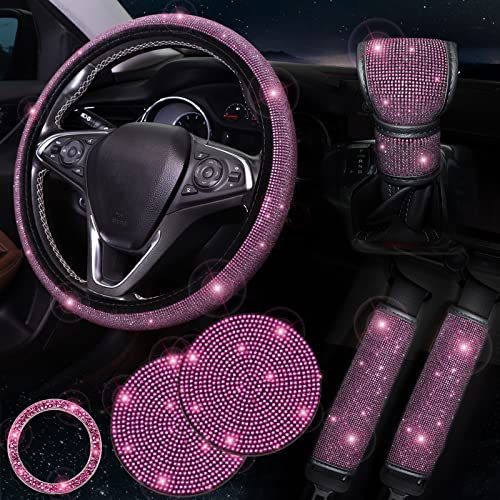 ToBeQueen Bling Pink Lenkradbezug-Set Bling Autozubehör-Set, Lenkradbezug passend für 38,1 cm, funkelndes Schulterpolster, Strass-Schaltabdeckung und Getränkehalter, 7 Stück, Rosa