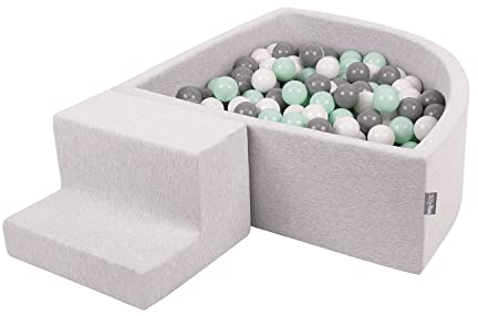 KiddyMoon Aire De Jeux en Mousse avec Quart Angulaire Piscine À Balles (200 Balles) pour Bébé, Gris Clair: Blanc/Gris/Menthe