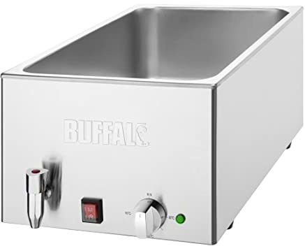 Buffalo Commercial Wet Heat Bain Marie with Drain Tap, 1/1 GN 21Ltr | Gentle water bath heating mechanism prevents food burning or drying out during busy service. Pans sold separately.